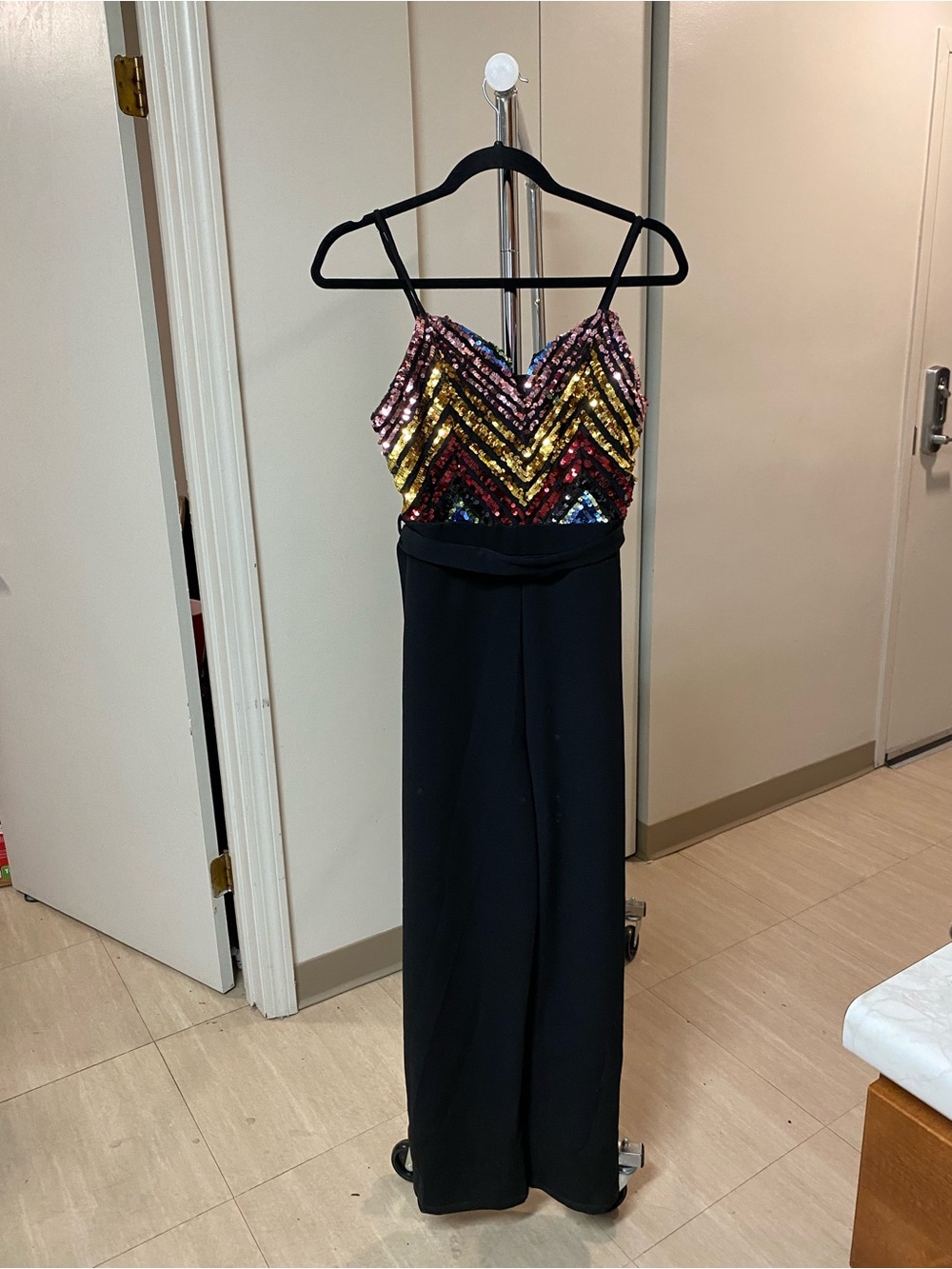 Sequined Chevron Bodice Black Jumpsuit